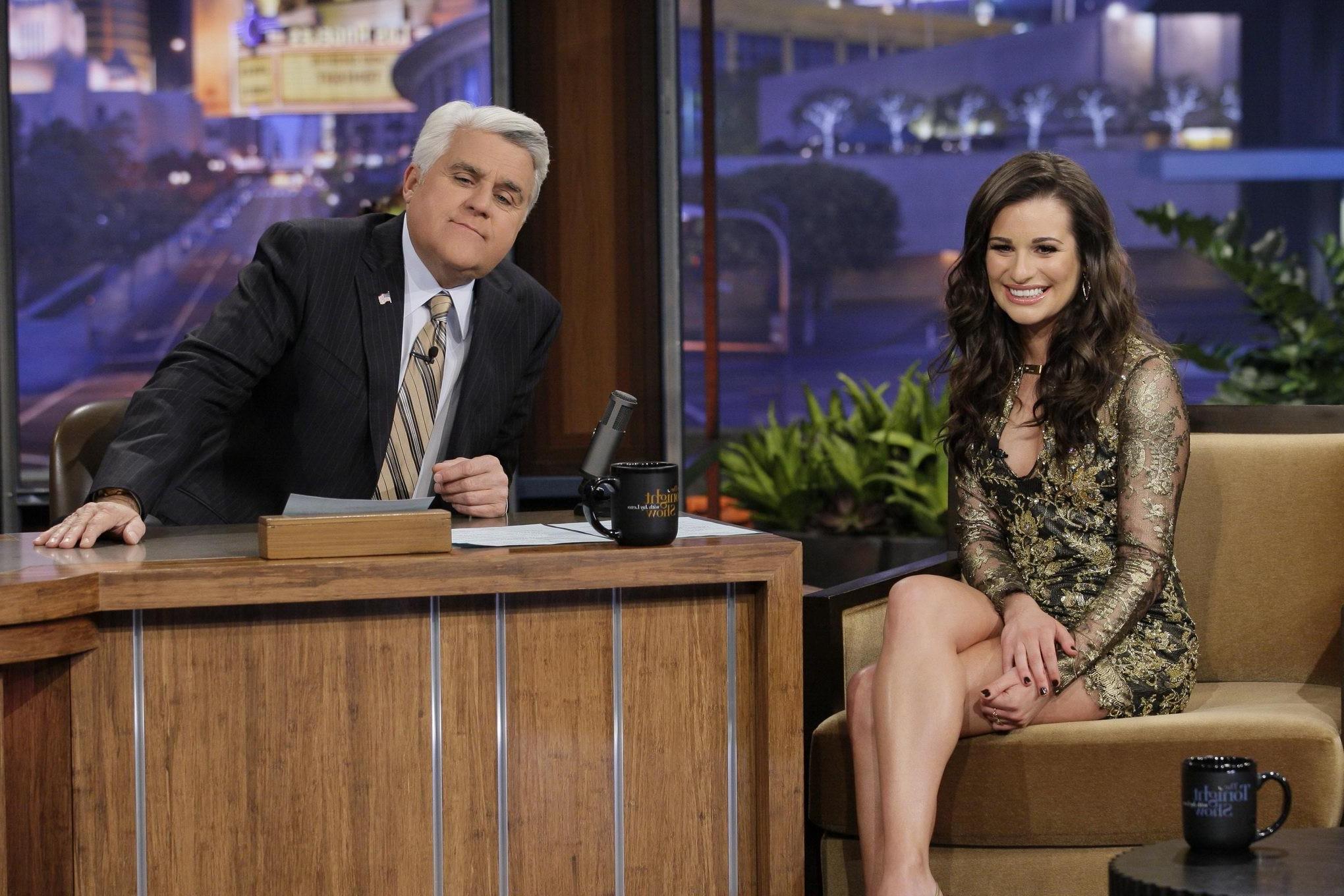 16P Lea Michele leggy wearing mini dress on Jey Leno Show