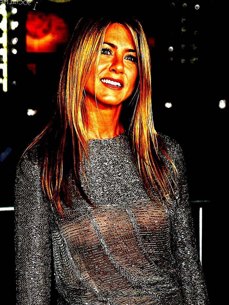 16P Jennifer Aniston flashing her nice boobs in see thru top and upskirt in car papa