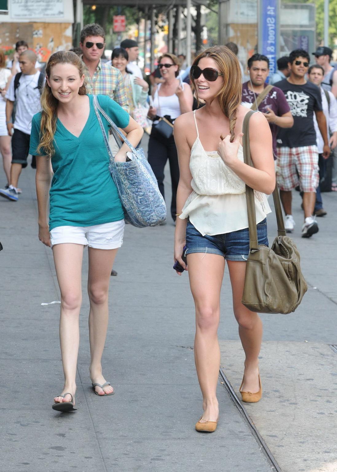 15P Ashley Greene leggy in denim shorts  showing off her belly