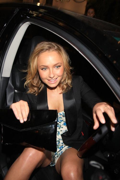 10P Hayden Panettiere upskirt in car paparazzi pictures and sexy in see thru dress