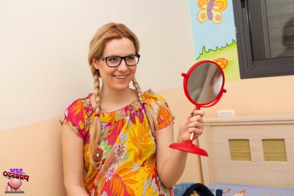 15P Geek girl in glasses knocked up with big swollen teen preggo belly