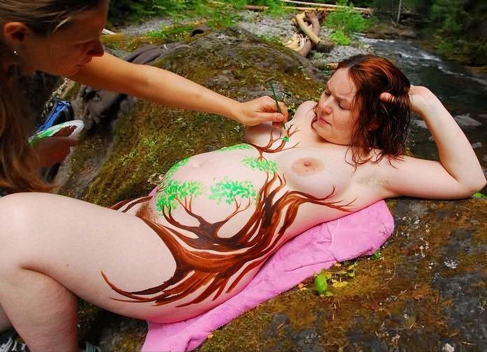 15P Pregnant Nudist Plump Belly Body Painted Outdoors in Forest