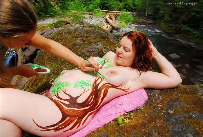 15P Pregnant Nudist Plump Belly Body Painted Outdoors in Forest