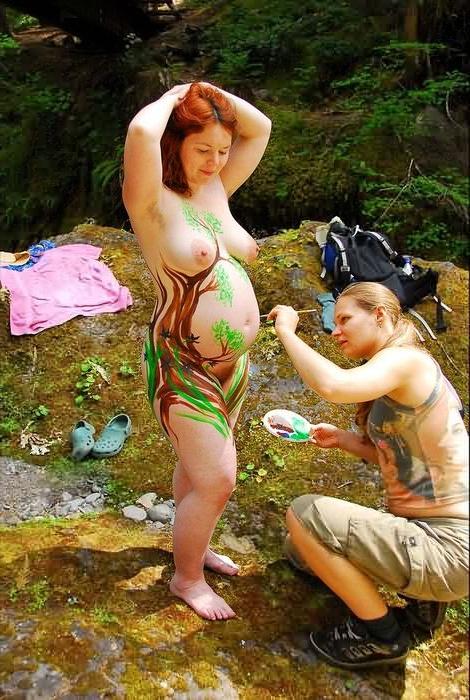 15P Pregnant Nudist Plump Belly Body Painted Outdoors in Forest