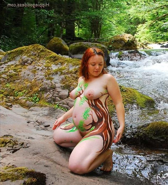 15P Pregnant Nudist Plump Belly Body Painted Outdoors in Forest