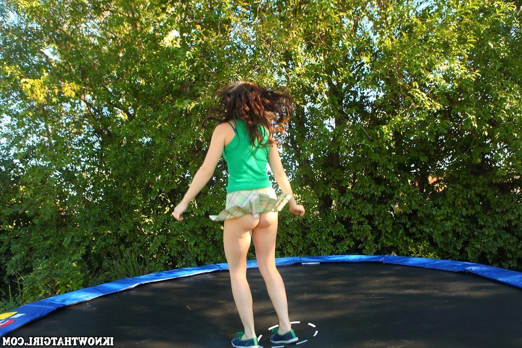 15P Teen GF jumps on trampoline and gets fucked and jizzed outdoors