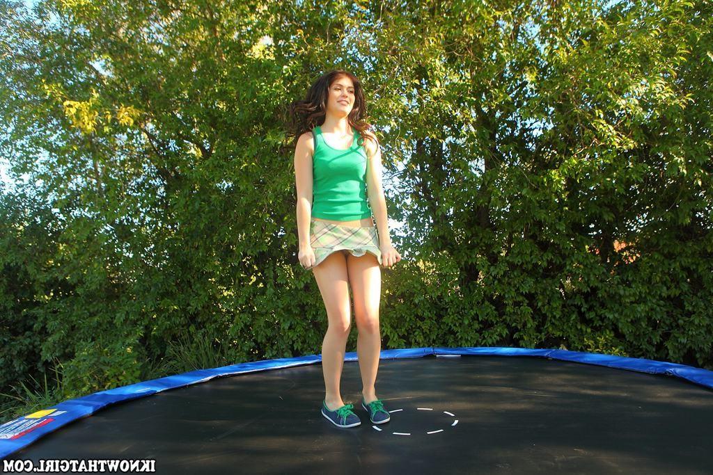 15P Teen GF jumps on trampoline and gets fucked and jizzed outdoors