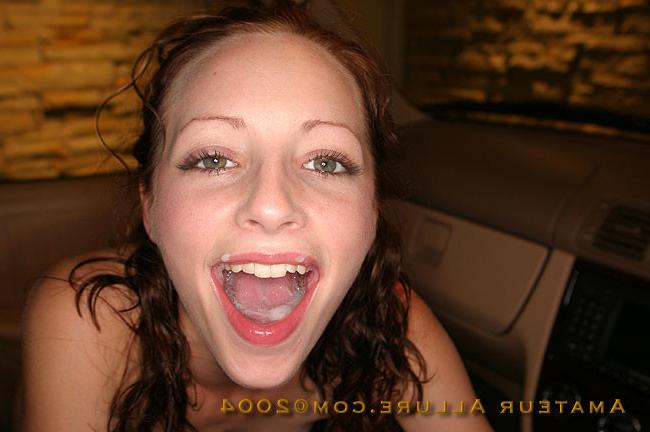 16P sweet brunette blows cock in car and swallows load