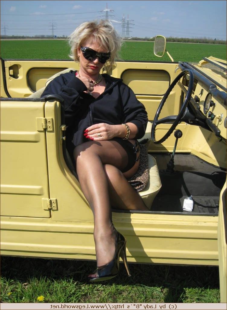12P Stocking lady Barbara posing in her yellow car