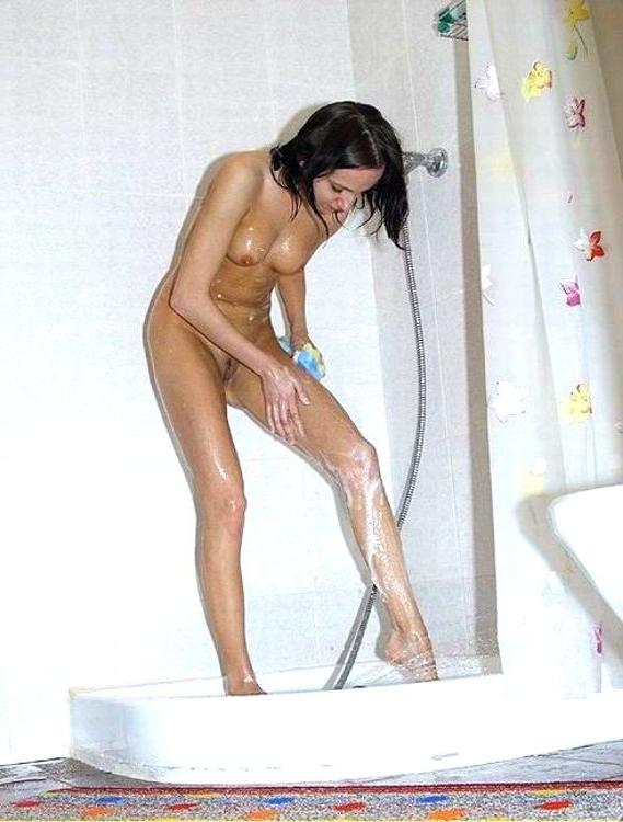 16P Fetish shower spy shots of petite Voyeur Dorm brunette babe