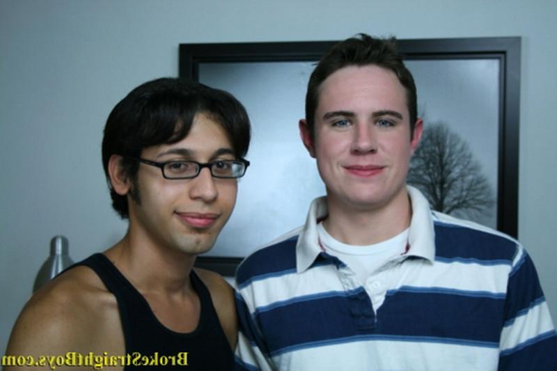 16P Two young amateur college geeks acting shy infront of the camera
