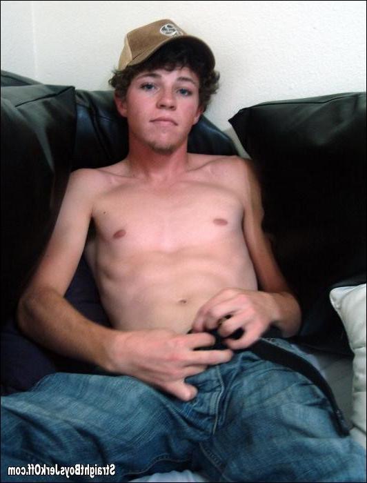 16P Boy jerks off and cums on his black leather couch