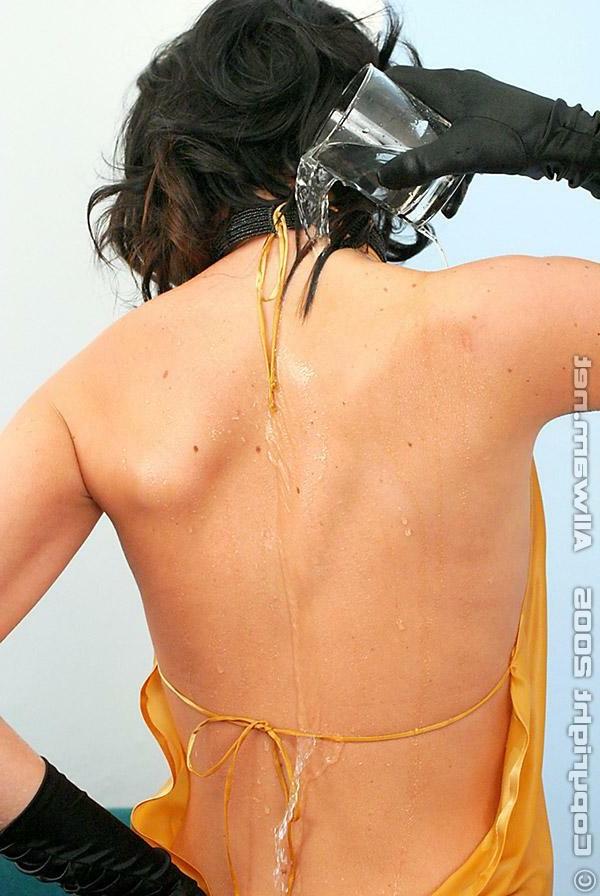 15P Babe pouring water all over her long stockinged legs