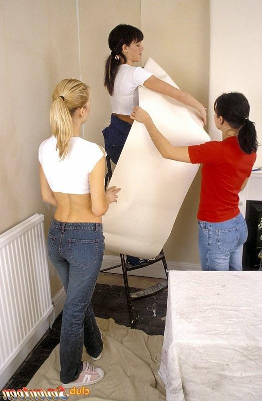 16P Three cute teenage lesbians decorating their own dorm room