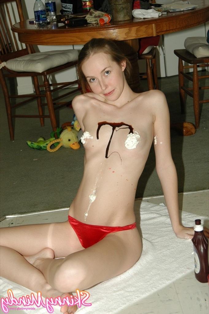 16P Skinny teen girl covered in syrup