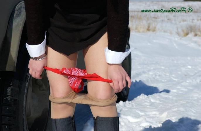 16P Teen peeing on snow near the car