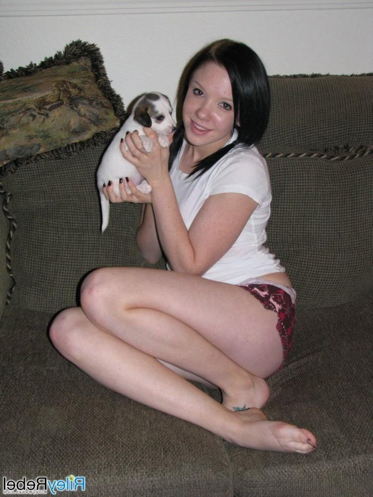 15P Petite eighteen year old posing in panties with pet on the couch
