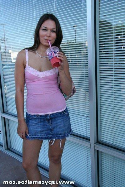 6P Young brunette in heels flashes her camel toe before a cock ride