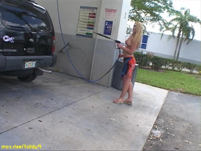16P Shapely Blonde Public Nude Washes Car Naked at Local Car Wash