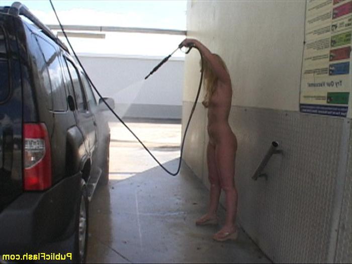 16P Shapely Blonde Public Nude Washes Car Naked at Local Car Wash