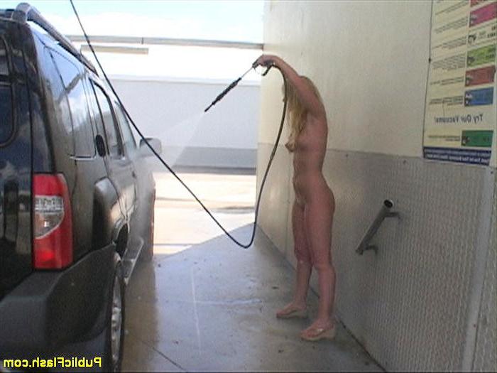 16P Shapely Blonde Washes Car Naked in Public at Florida Car Wash