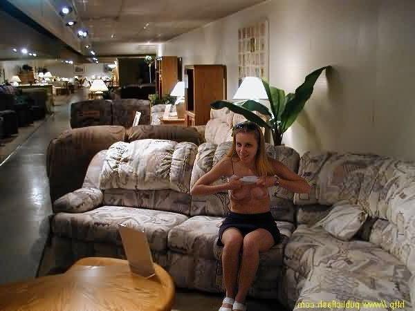 16P Plain Gal Flashes Bald Pussy in Furniture Shop