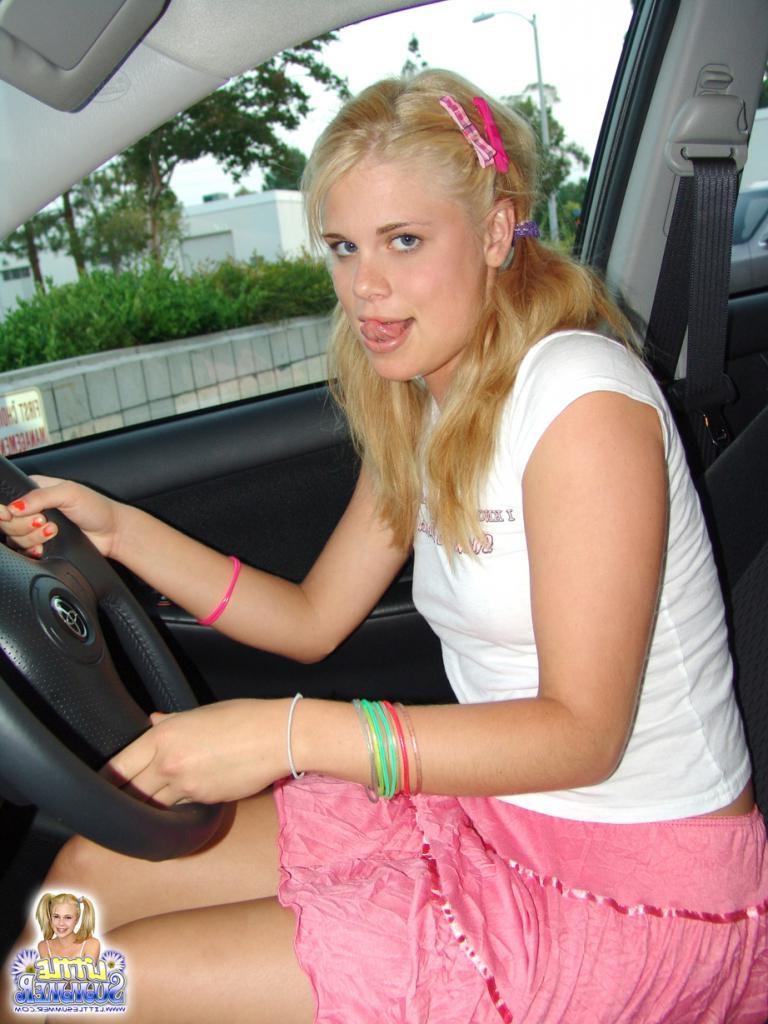 16P Blonde teen in a car teasing and flashing panties