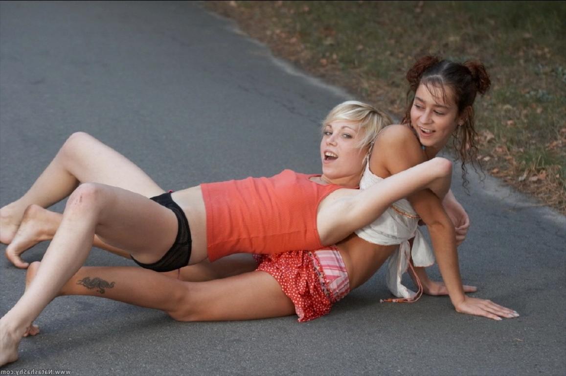 15P Attractive teen girlfriends showing their pinkholes