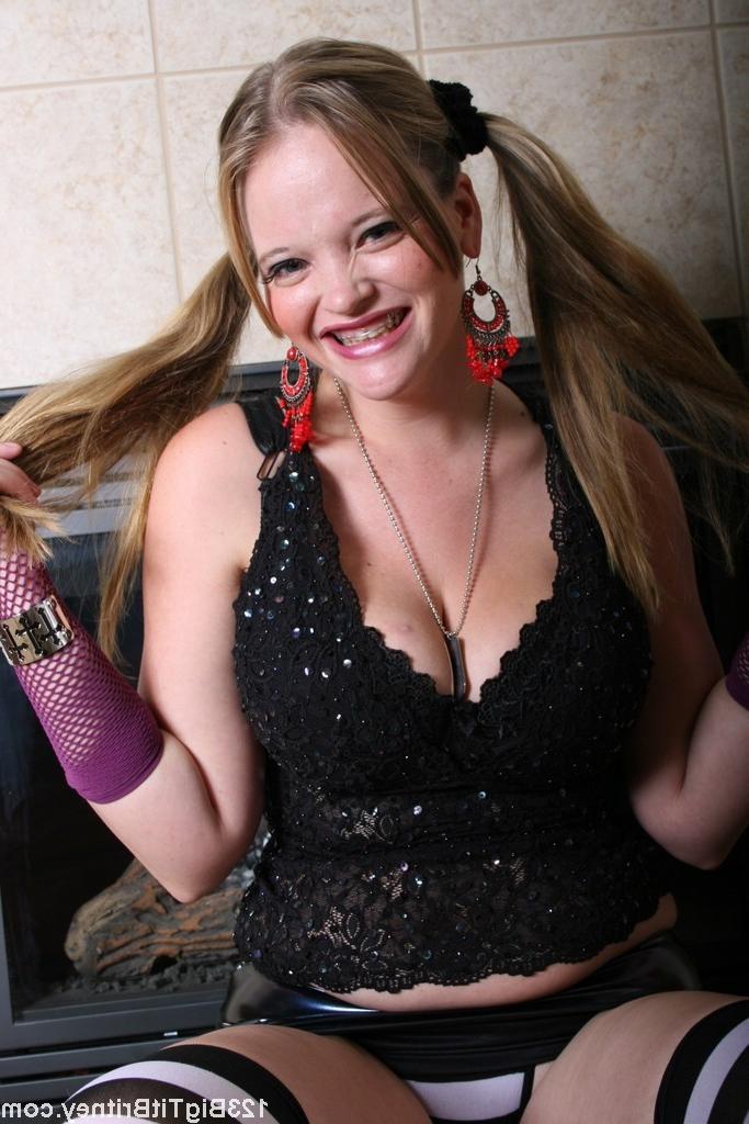 18P Sexy shy teen in pigtails showing her huge titties and panties