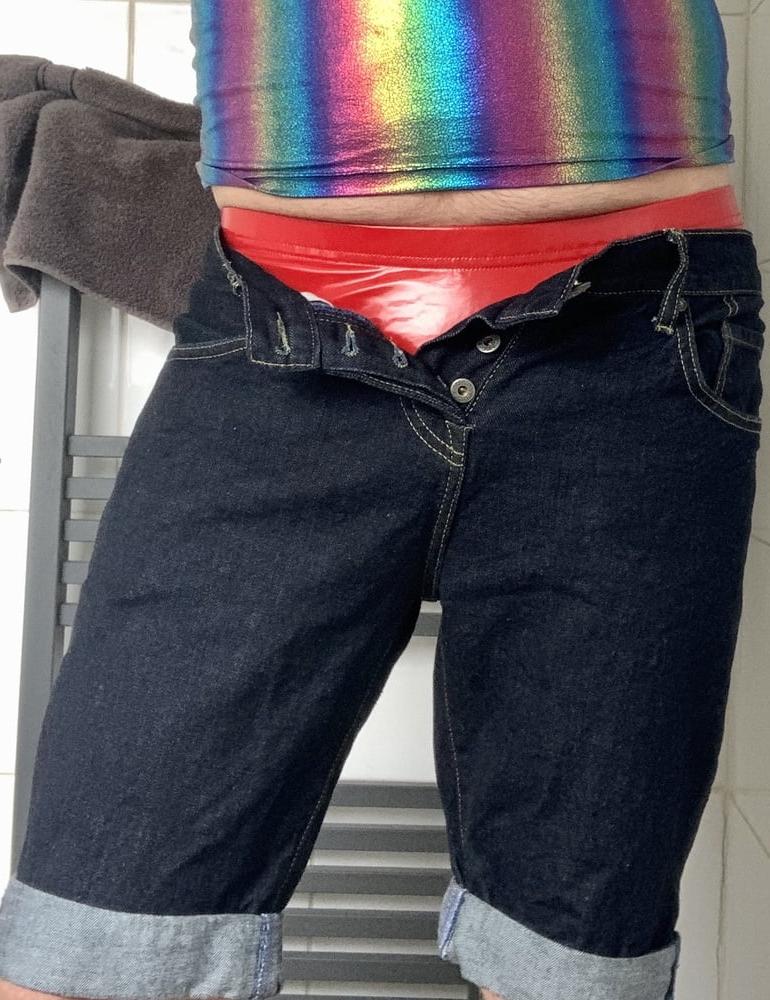 6P Adidas denim shorts hiding sexy vinyl swim jammers