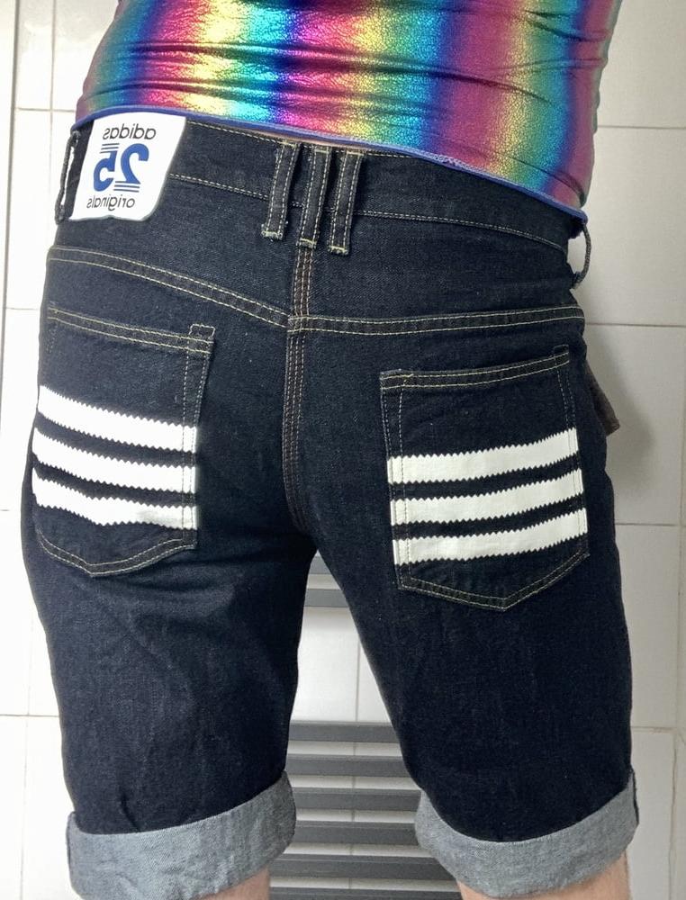 6P Adidas denim shorts hiding sexy vinyl swim jammers