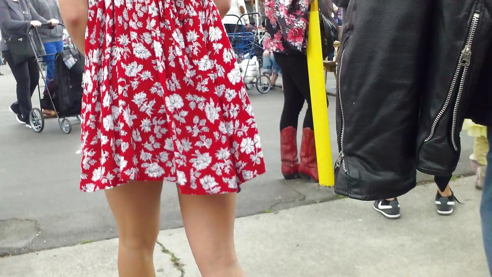 25P Hot teen girl in red dress with great legs
