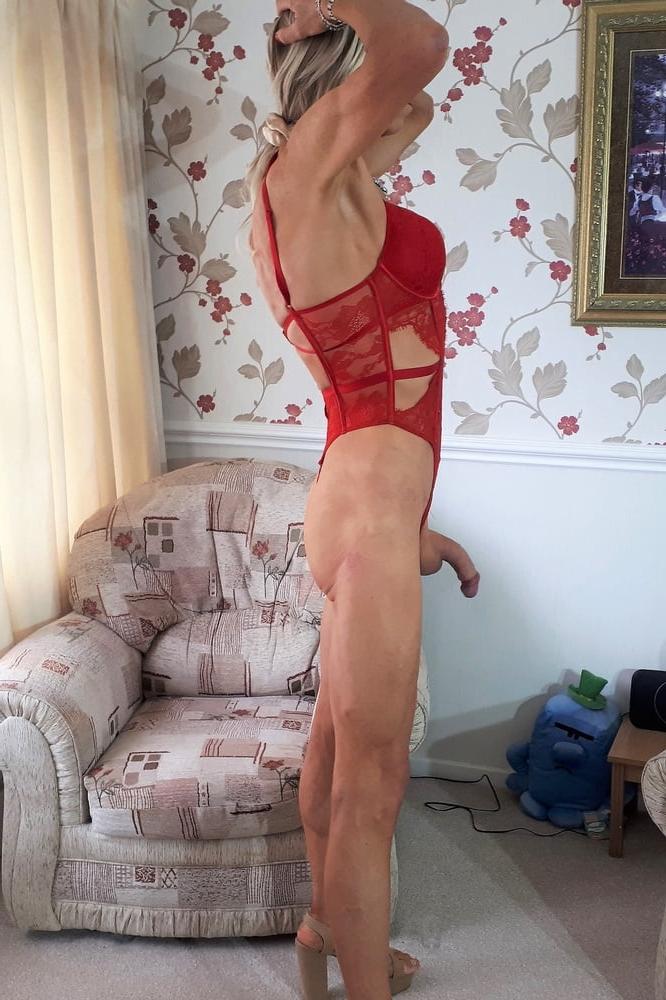 25P Alessia Travestita models red lace Victoria's Secret body