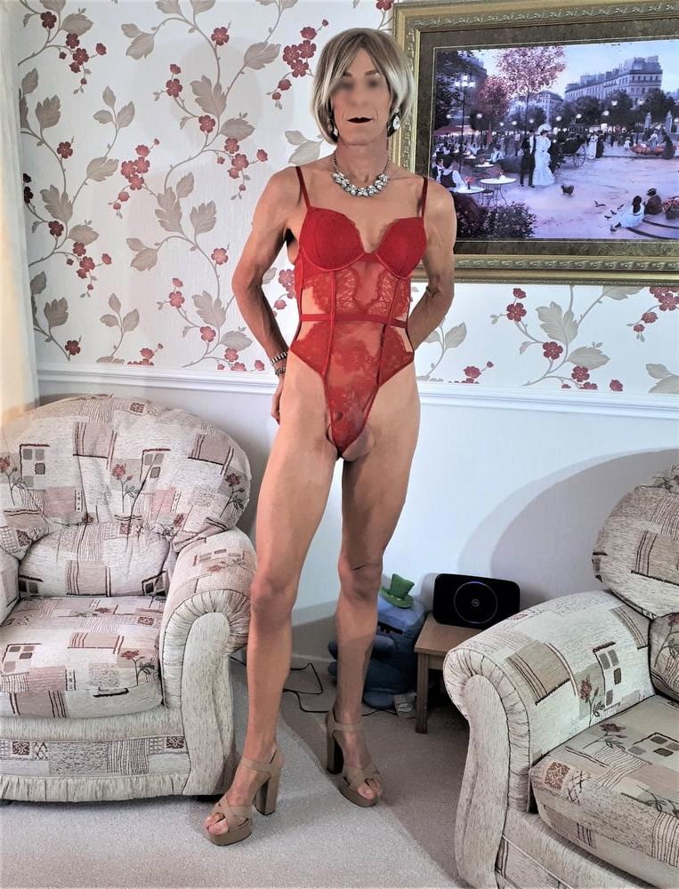 25P Alessia Travestita models red lace Victoria's Secret body
