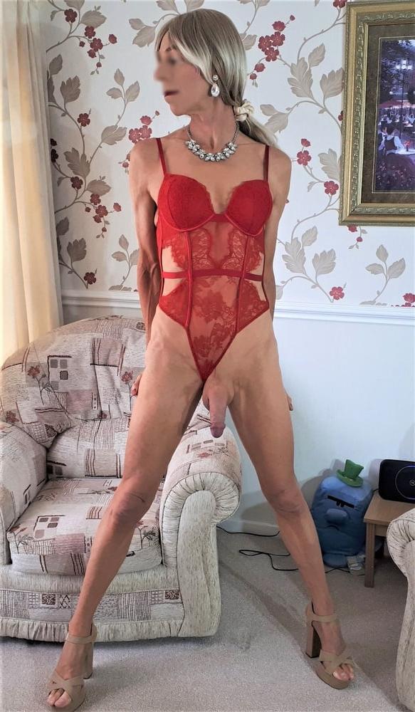 25P Alessia Travestita models red lace Victoria's Secret body