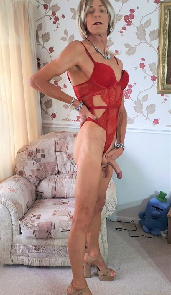 25P Alessia Travestita models red lace Victoria's Secret body