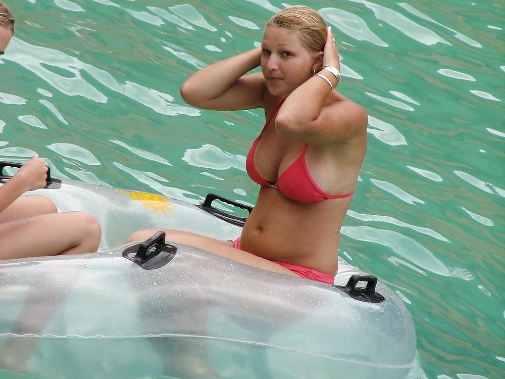8P Hot as fuck waterpark teen and friend. Big tits red bikini.