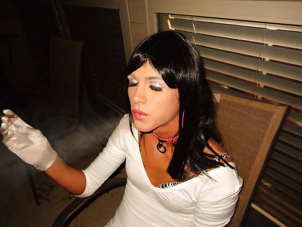 25P Smoking sissy boi in all white lingerie