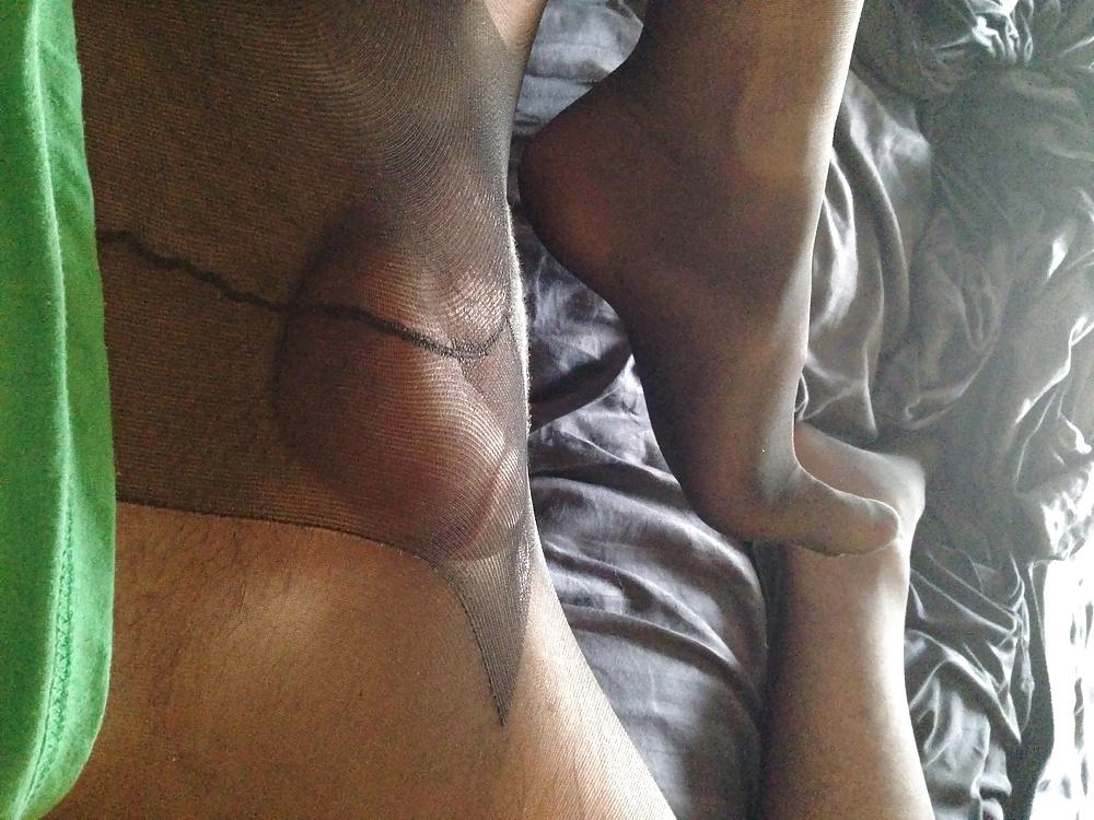 12P My sissy cock in sheer black pantyhose
