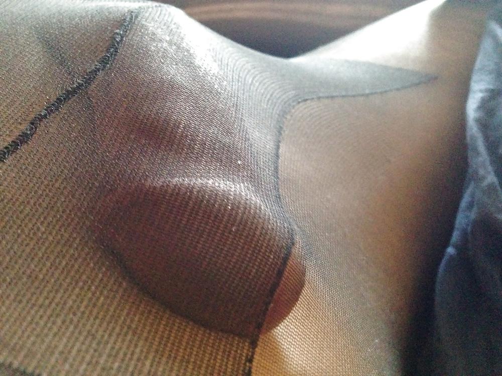 12P My sissy cock in sheer black pantyhose