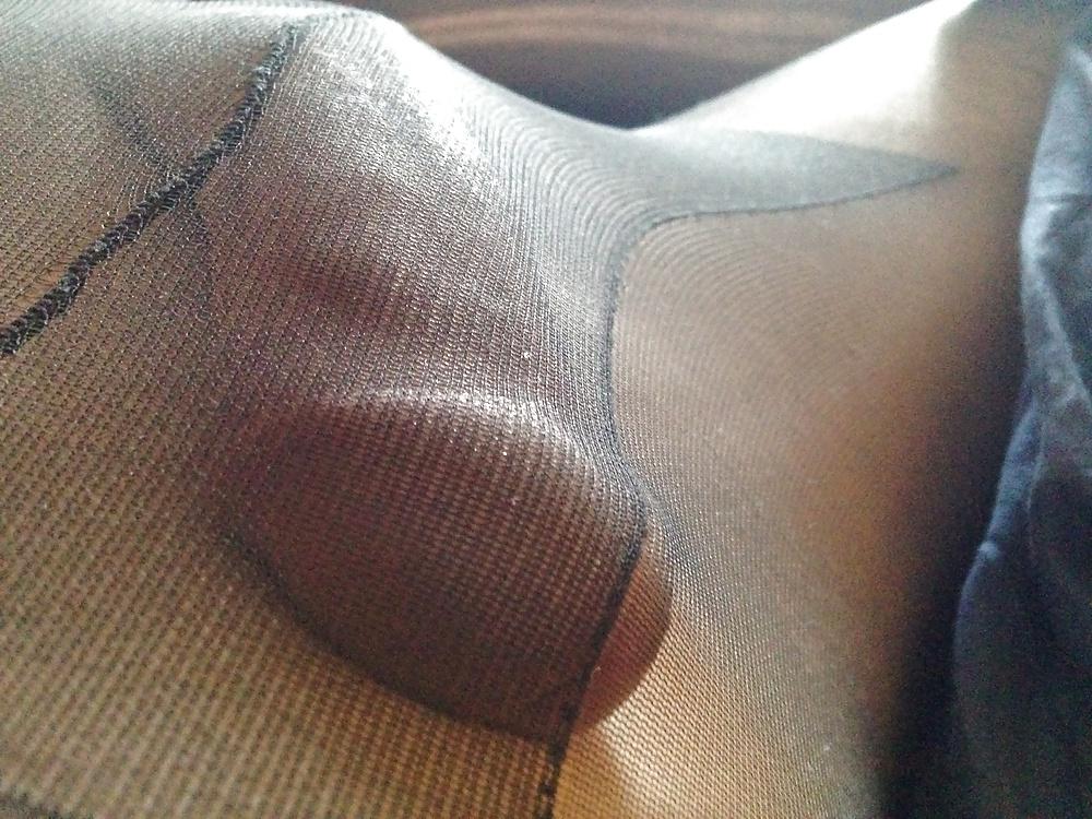12P My sissy cock in sheer black pantyhose