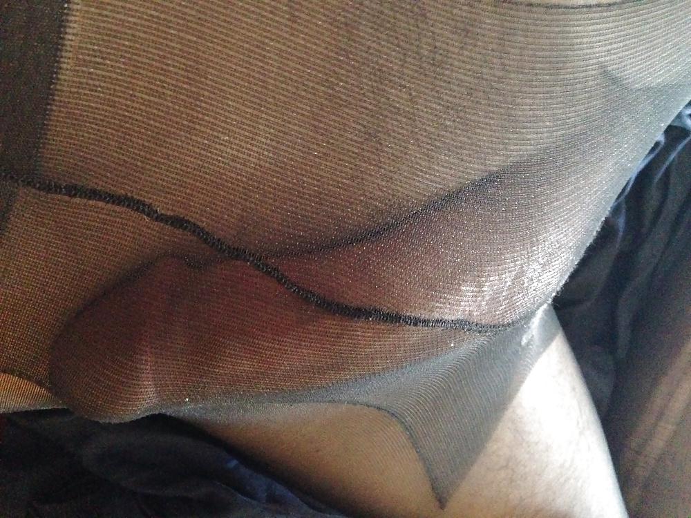 12P My sissy cock in sheer black pantyhose