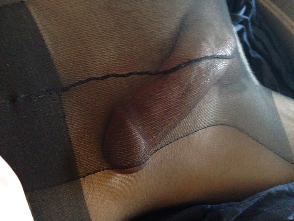 12P My sissy cock in sheer black pantyhose