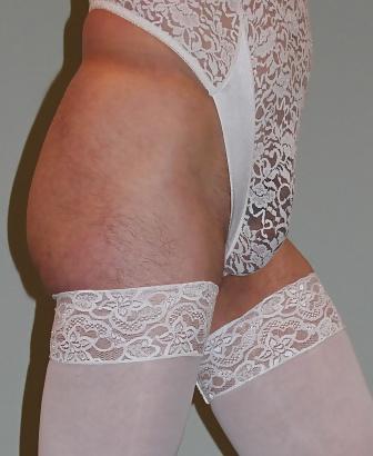 25P Sissy CD playing in white bodysuit stockings heels