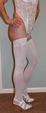 25P Sissy CD playing in white bodysuit stockings heels