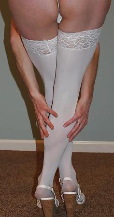 25P Sissy CD playing in white bodysuit stockings heels
