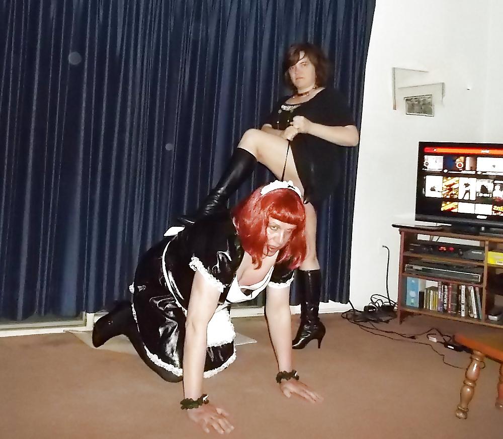 23P Wife leashes sissy hubby