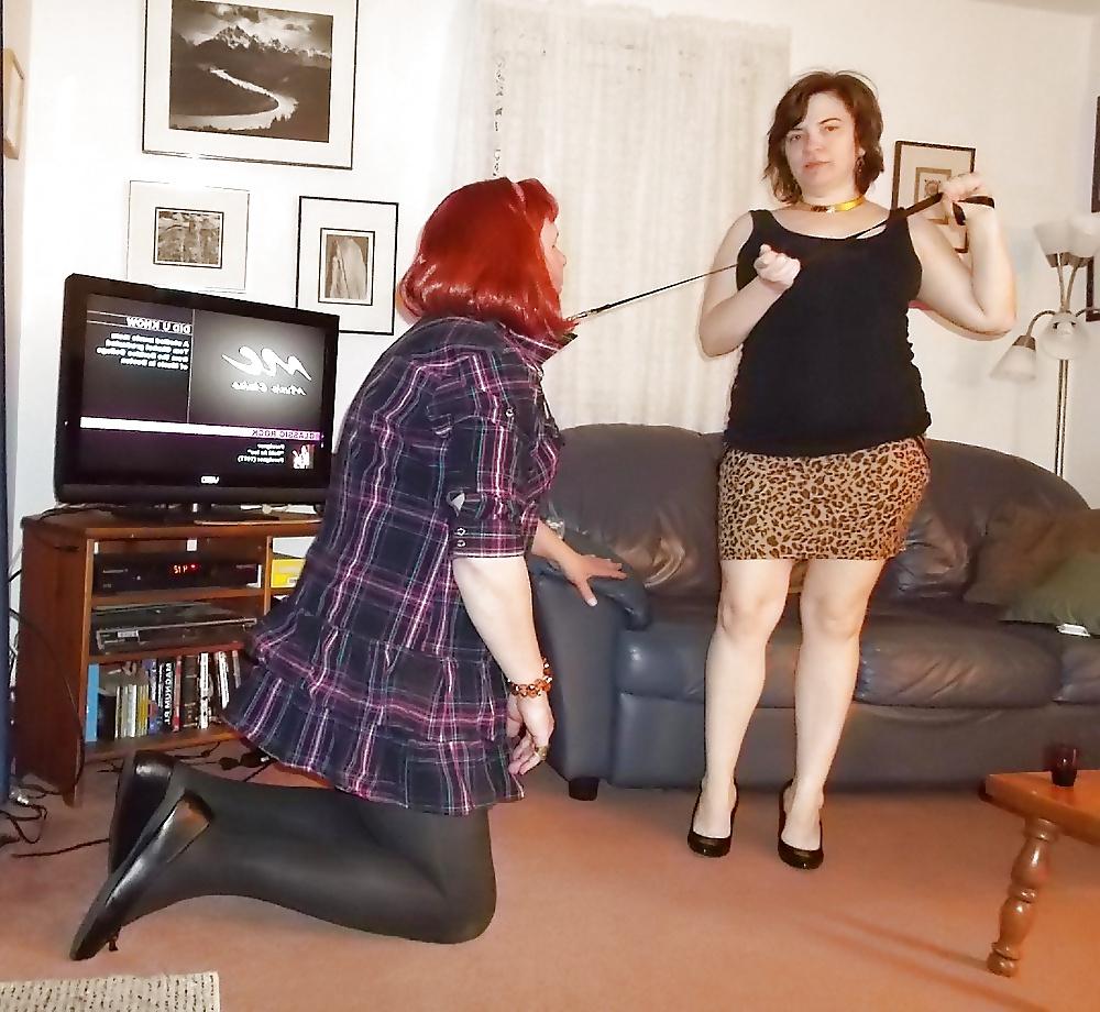 23P Wife leashes sissy hubby