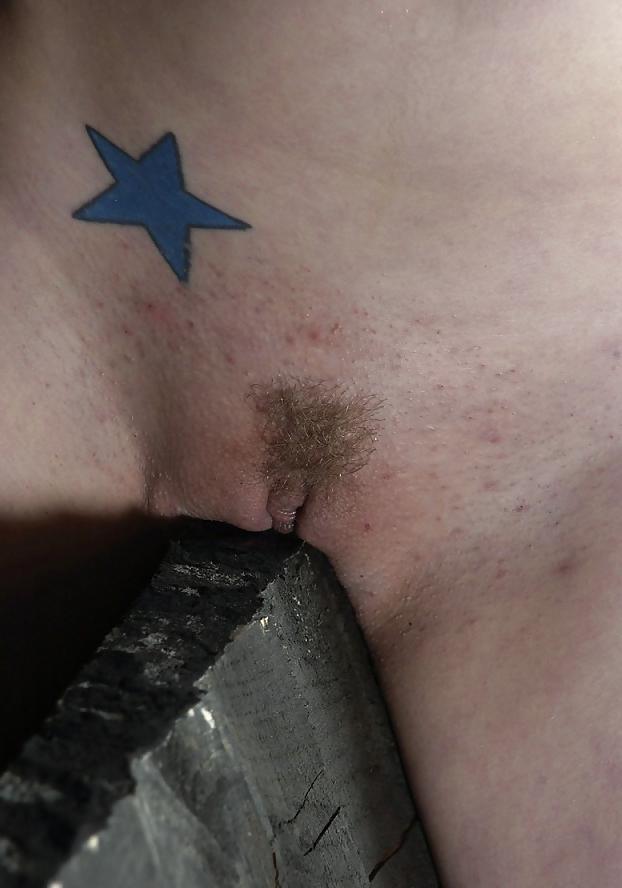 25P Slave strapped to metal frame and ride wooden