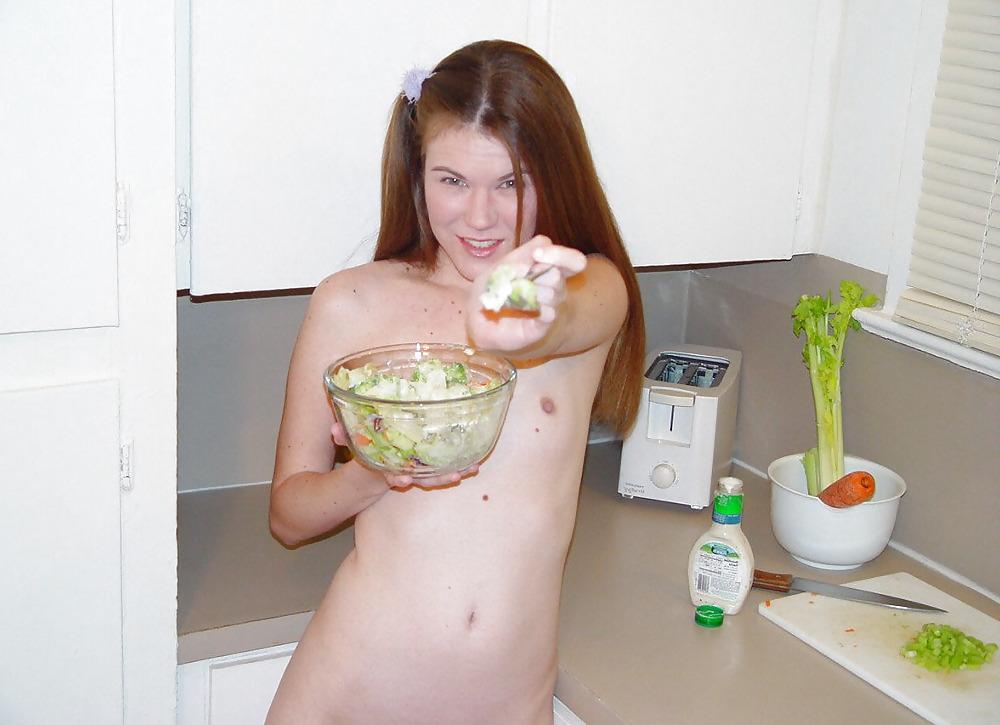 25P Slim pornstar Melissa testing her salad ingredients